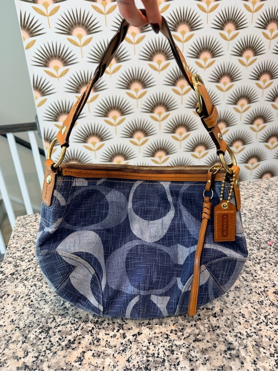 Coach Handbags - Coach Navy Signature Canvas Shoulder Bag with Tan Leather Trim